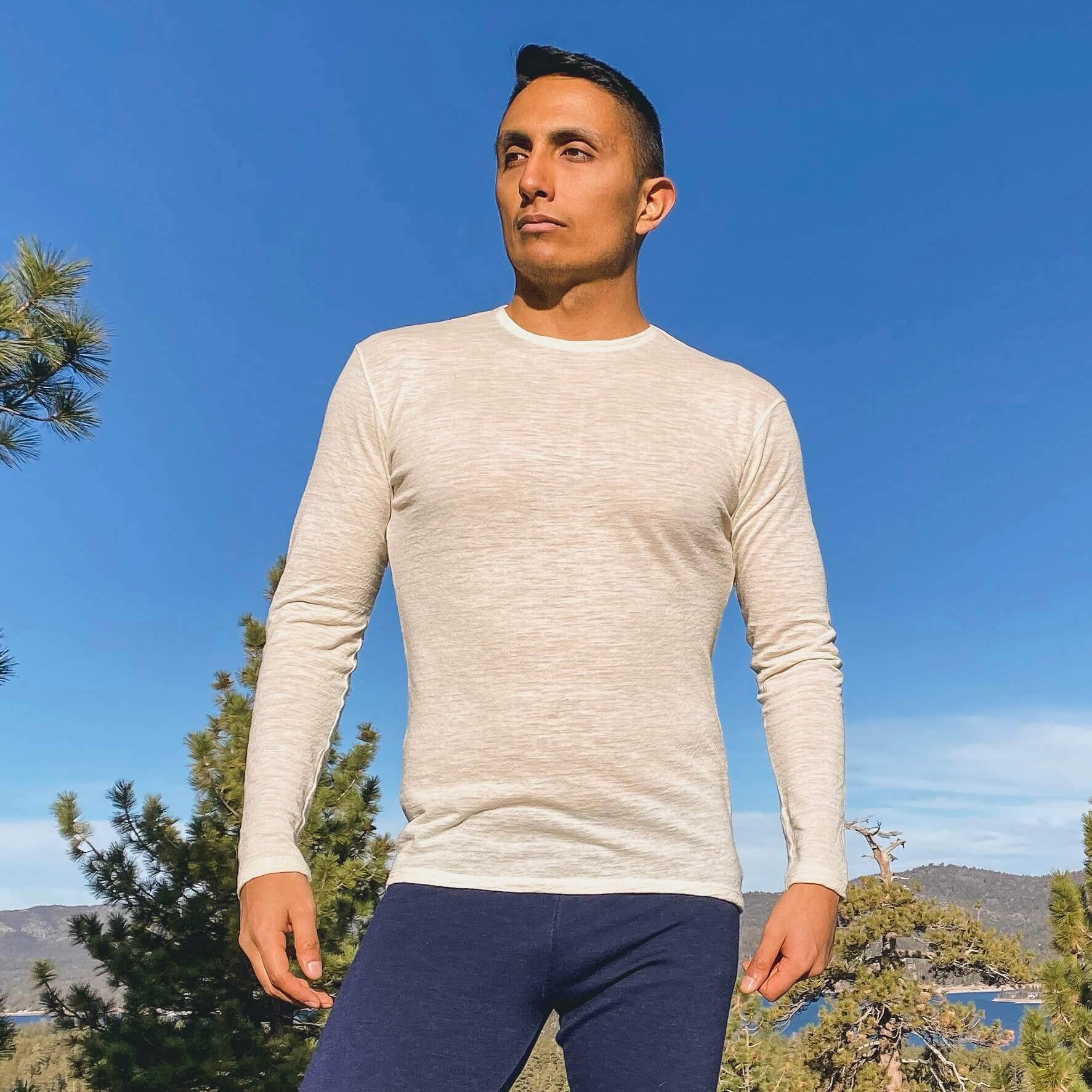 White Alpaca Wool Long Sleeve Shirt Arms of Andes Man wears White 100% Royal Alpaca Wool Shirt in nature